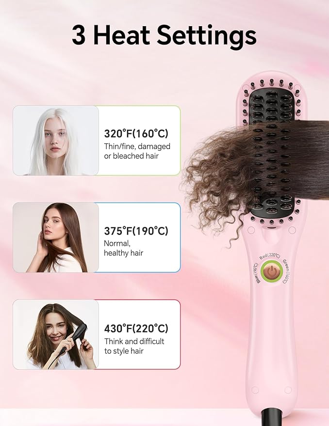 LANDOT Mini Hair Straightening Brush - Compact Heated Ionic Straightener Brush for Frizz-Free, Smooth Results, Lightweight Hot Comb & Travel Flat Iron Perfect for Short Medium Hair, Blush