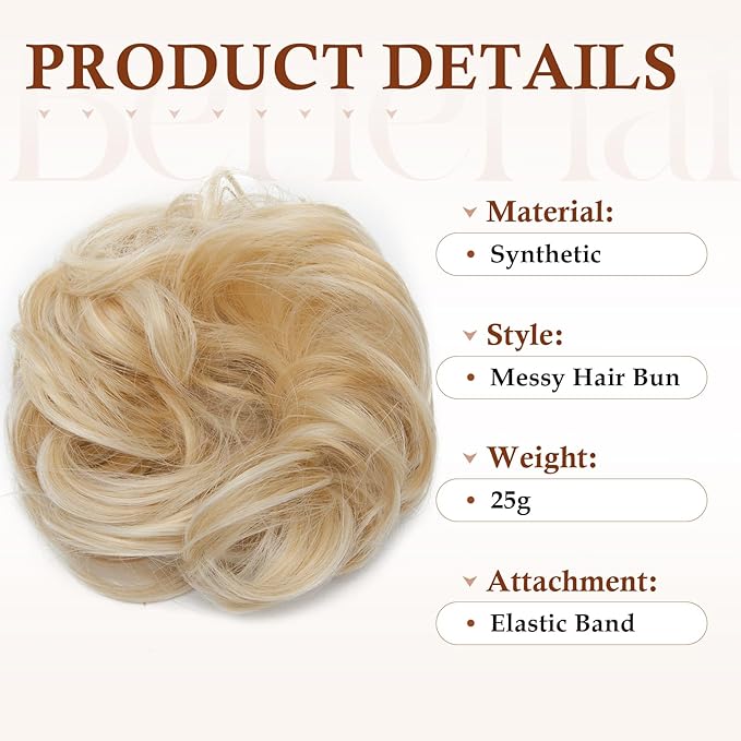 Benehair Messy Bun Hair Piece Scrunchy Updo Hair Pieces for Women Fluffy Wavy Hair Bun Scrunchies Donut Hairpiece Synthetic Chignons with Elastic Rubber Band Honey Blonde mix Bleach Blonde 1pc 25g