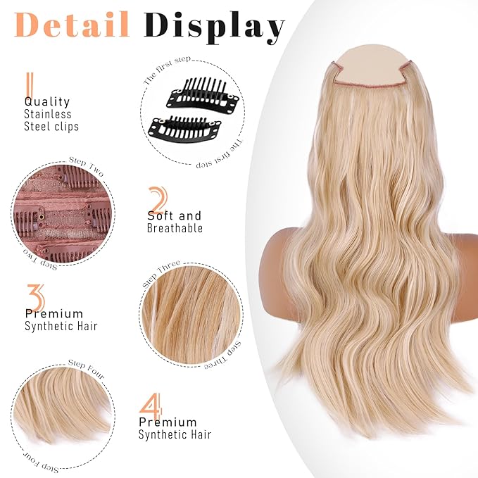 Vigorous Clip in Hair Extensions 20Inch Beach Blonde Highlights Hair Extension Clip Ins 4Pcs Long Wavy Soft Synthetic Hairpieces for Women Girls Daily Use Event Party Use