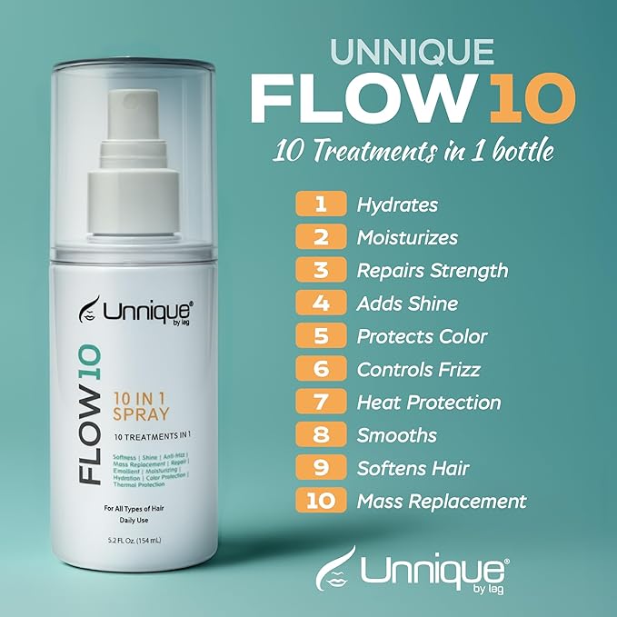 UNNIQUE Flow10, 10-in-1 Styling Spray Leave-In, Smooth & Shine, Frizz Control, Keratin Treatment Finish, Color Protection, All Hair Types, 5.2 Fl oz / 154ml
