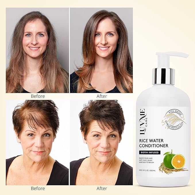 Luv Me Care Rice Water Hair Thickening Shampoo and Conditioner Set - with Biotin Strengthening and Volumizing Formula for Thinning Hair, All Hair Types, Men and Women