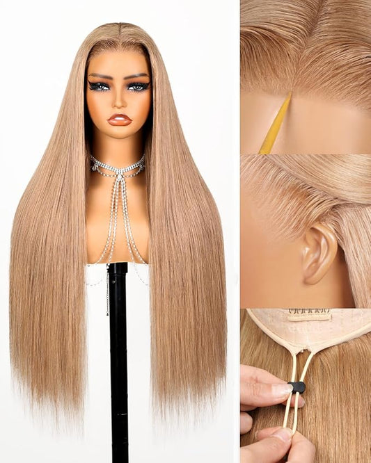 Arabella 13x6 Light Brown Blonde Wig Human Hair Glueless Wigs Human Hair Pre Plucked Pre Cut 13x6 Ear to Ear Full HD Lace Front Wigs 210% Density Straight Wig Drawstring Wig Human Hair 30 Inch