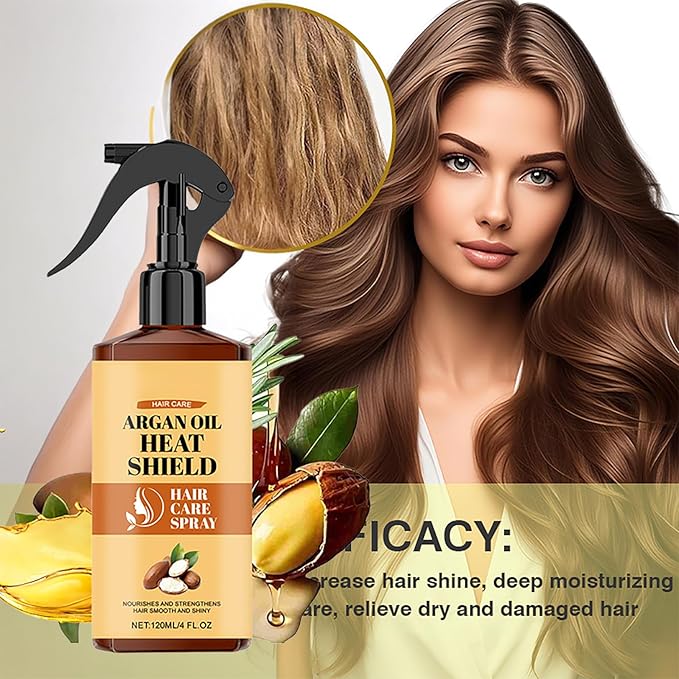 Argan Oil Heat Protectant Spray for Hair - Thermal Shield with Moroccan Argan Oil to Nourish & Hydrate, Helps Smooth Dry, Brittle Hair & Reduce Breakage for Silky Shine, for All Hair Types（120ml）