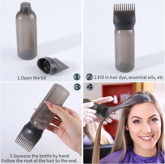 Pimoys 2 Pack Root Comb Applicator Bottle 6 Ounce Oil Applicator for Hair Dye, Black Hair Oiling Bottle Applicator Brush with Graduated Scale