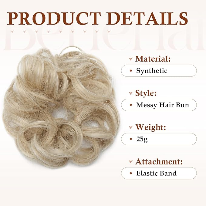 Benehair Messy Bun Hair Piece Scrunchy Updo Hair Pieces for Women Fluffy Wavy Hair Bun Scrunchies Donut Hairpiece Synthetic Chignons with Elastic Rubber Band Ash Blonde mix Bleach Blonde 2pcs 50g
