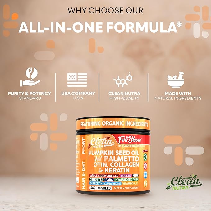 Clean Nutra Pumpkin Seed Oil Capsules + Saw Palmetto Biotin Collagen Keratin MSM Folate Hyaluronic Acid Supplements B12 Zinc Hair Supplement for Women Men Iodine 5-MTHF B-12 Vitamin B9-60 Pills