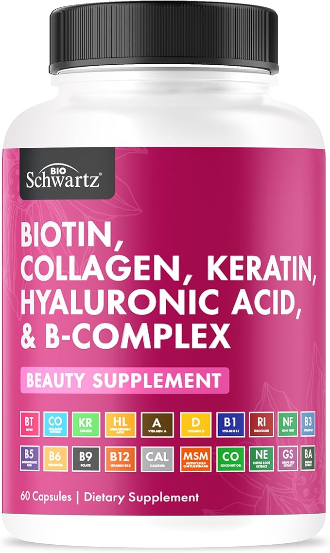 BioSchwartz Biotin Collagen Keratin Supplement - Hair Vitamins for Women - 10000mcg Biotin with Hyaluronic Acid & B Complex - Non-GMO 60 Capsules Beauty Supplement - Hair and Nails Vitamins for Women