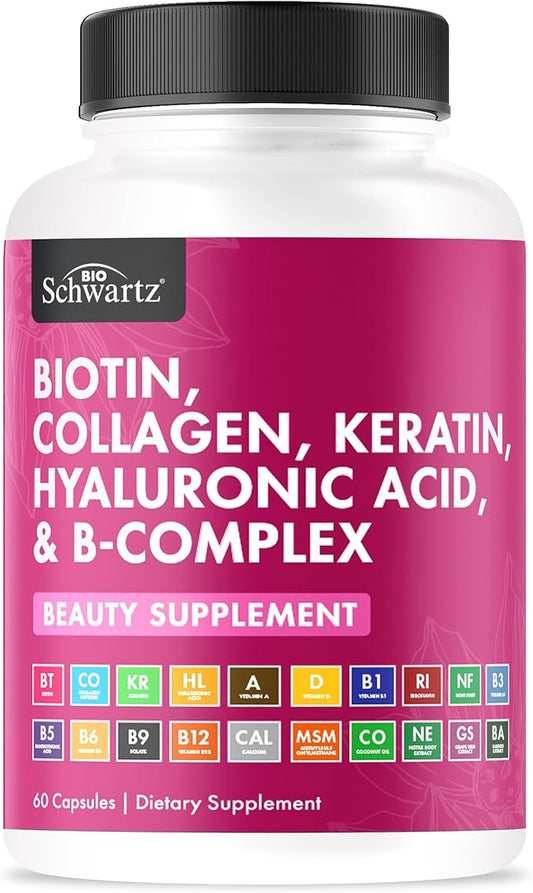 BioSchwartz Biotin Collagen Keratin Supplement - Hair Vitamins for Women - 10000mcg Biotin with Hyaluronic Acid & B Complex - Non-GMO 60 Capsules Beauty Supplement - Hair and Nails Vitamins for Women