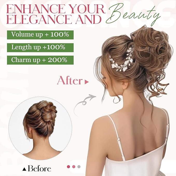 2PCS Messy Bun Hair Piece Tousled Updo with Tendrils Wavy Curly Hair Bun Scrunchies Ponytail Extension Elastic Band Hairpieces For Women (Ash blonde mix Bleach Blonde)