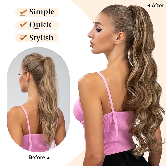 Wavy Drawstring Ponytail Extensions Icy Blonde Long 26 Inch Synthetic Fake Hairpiece for Women