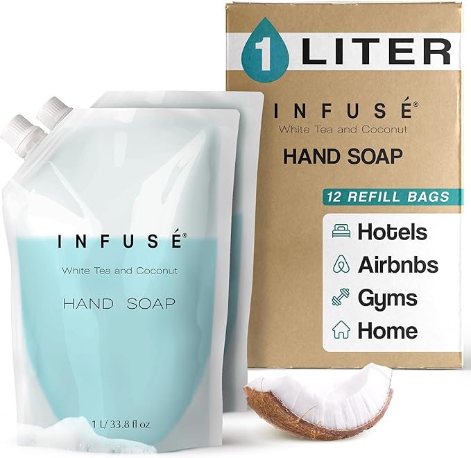1 Liter Hand Wash Refill Bag For Soap Dispensers | Bulk Toiletries for Vacation Rentals, and Home Bathroom Showers | White Tea and Coconut | Set of 12