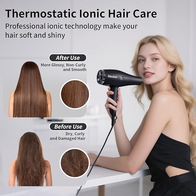 Professional 1875W Blow Dryer with Diffuser, Lightweight & Quiet Hair Dryer for Women and Men, Fast Drying with 3 Heat 2 Speed Settings, Travel Blow Dryer with Concentrator & Cold Shot (Black)