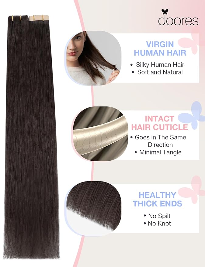 DOORES Seamless Tape in Human Hair Extensions Invisi Edge, Dark Brown 10 Injection Tape-ins with 10 Classic Tape-ins 50g 24 Inch, Virgin Human Hair Injection Tape in Extensions