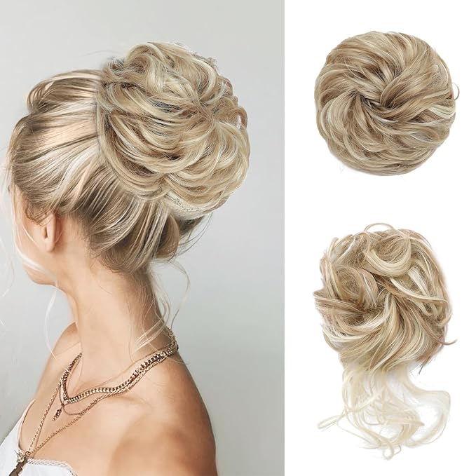 2 PCS Messy Bun Hair Piece Updo Hair Buns Extension Elastic Hair Band Bun Pieces Curly Hair Bun Scrunchie for Women #24H613 Light Golden Brown Mix Bleach Blonde