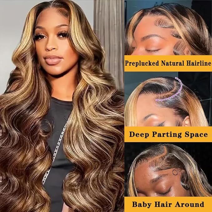 34 Inch Honey Blonde Ombre Lace Front Wig Human Hair Highlight Body Wave Lace Front Wigs Human Hair Pre Plucked 180 Density Glueless 13X4 HD Lace Frontal Wig for Women 4/27 Colored