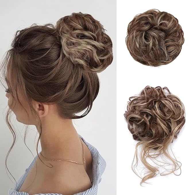 2 pcs Messy Bun Hair Piece Wavy Curly Hair Bun Scrunchies for Women Bun Hair Piece with Elastic Band Scrunchies Stretchy Fluffy Chignon Ponytail Hairpieces Updo for Women #12H24 Brown Mix Ash Blonde