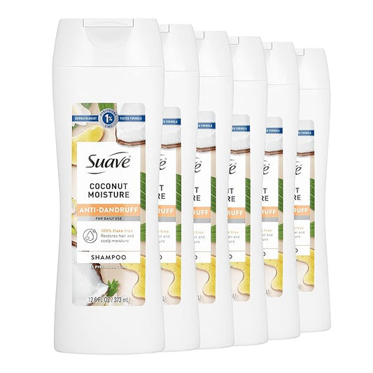 Suave Anti Dandruff Shampoo For Women, Coconut Moisture, 1% Pyrithione Zinc Dandruff Treatment, Controls Flakes, Itch & Dry Scalp, 6 Count, 12.6 FL OZ