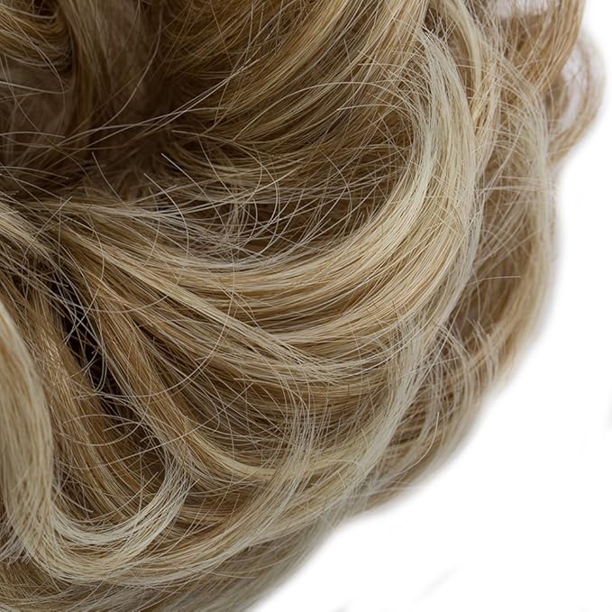 Benehair Messy Bun Hair Piece Scrunchy Updo Hair Pieces for Women Fluffy Wavy Hair Bun Scrunchies Donut Hairpiece Synthetic Chignons With Elastic Rubber Band Light Ash Brown to Bleach Blonde 2pcs 50g