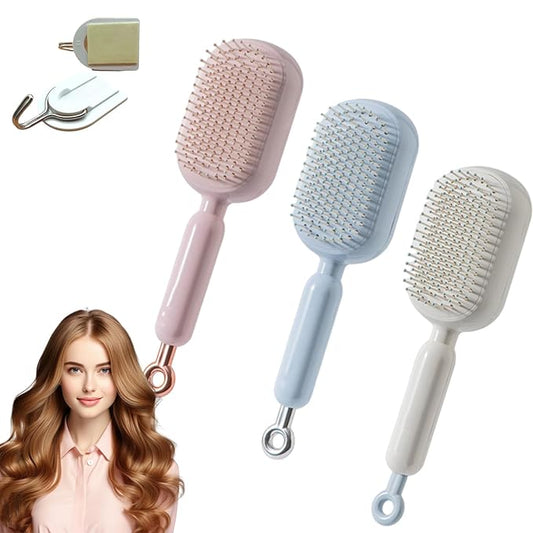 Retractable Cushion Massage Comb, Anti-Static Scalp Massager Tool, Retractable Self Cleaning Hair Brush for Women, Ergonomic Handle Hair Comb for All Types of Hairs and Wigs (Pink+Blue+White)