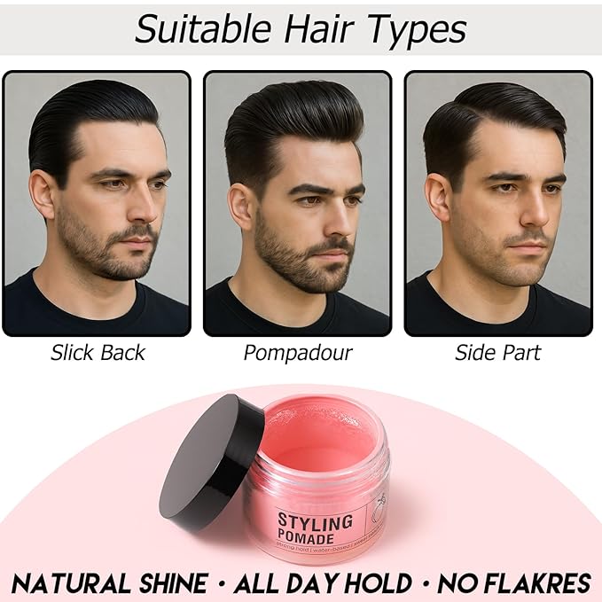 Water-Based Pomade for Men, Strong Flexible Hold, Natural Shine, Non-Greasy | Restyleable | Hair Pomade For Pompadour, Side Part, Slick Back | 3.53 Oz Sweet Peach Scent
