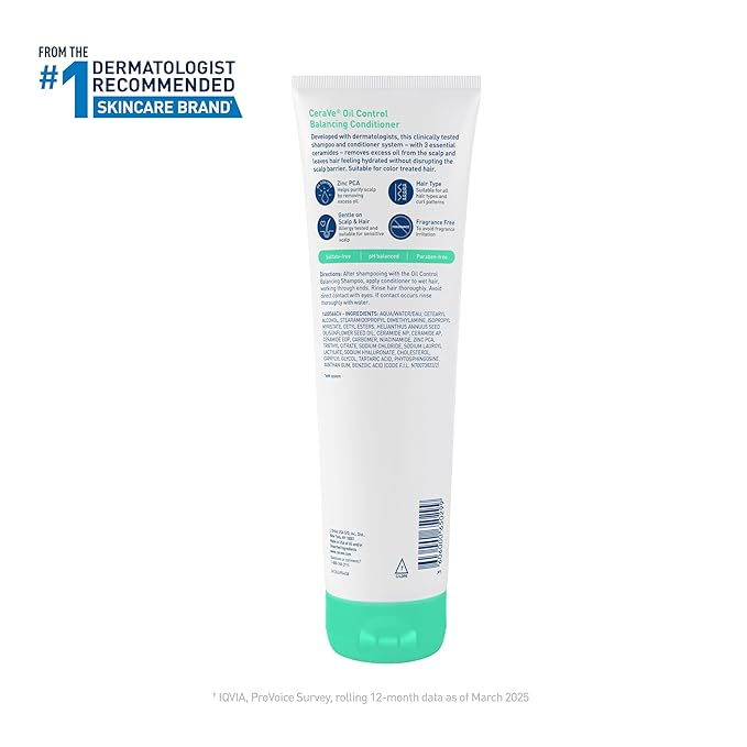 CeraVe Oil Control Balancing Conditioner, Hair Conditioner With Ceramides & Hyaluronic Acid, Removes Oil and Leaves Hair Feeling Hydrated, For All Hair & Scalp Types, Sulfate Free & Color Safe, 9 oz