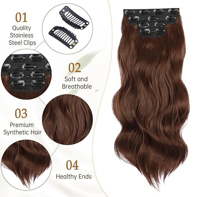 Vigorous Clip in Hair Extensions 4Pcs Mocha mix Brown Copper Long Wavy Hair Extensions Clip Ins 20Inch Soft and Natural Synthetic Hairpieces for Women