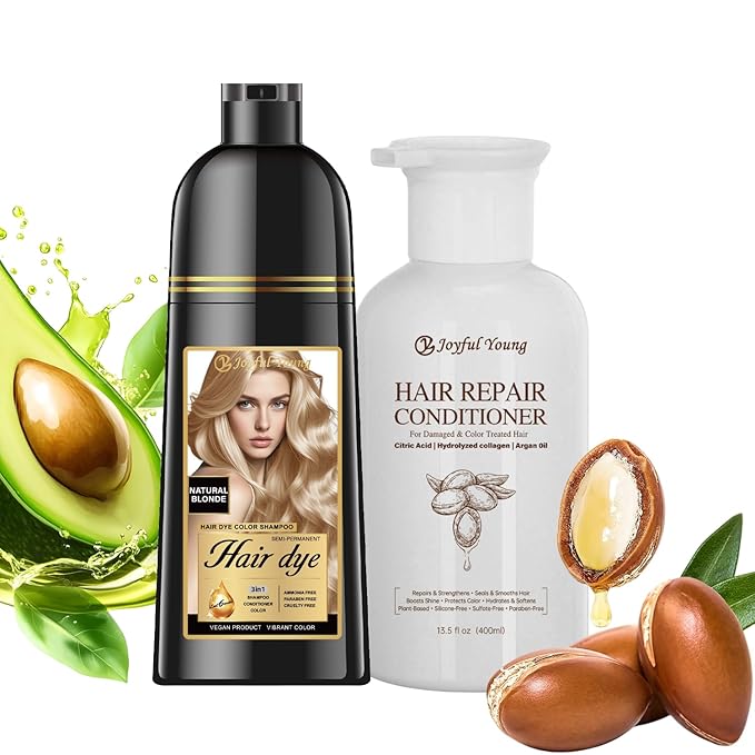 3-in-1 Natural Hair Dye Shampoo & Hair Repair Conditioner Bundle - Gray Coverage & Deep Moisture - Vegan, Sulfate-Free, Color-Safe - Argan Oil, Collagen - 2x400ml (NATURAL BLONDE)