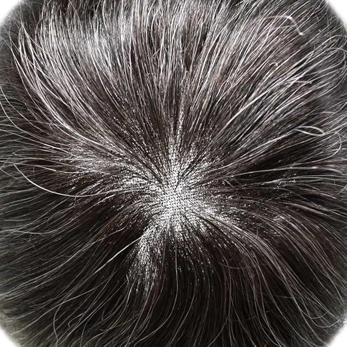 Toupee for Men Real Human Hair Swiss Lace Hairpiece for Men Hair Replacement System Poly Coated Mens Hairpieces Mens Hair System 6X8-80% Light Density 230# 2# DARKEST BROWN+30% GREY