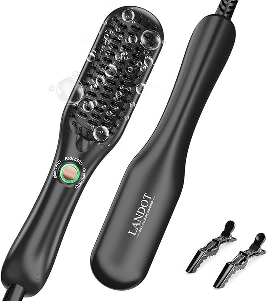 LANDOT Mini Hair Straightener Brush - Ionic Heated Straightening Brush for Frizz-Free & Smooth Styling, Compact Lightweight Dual Voltage Travel Flat Iron Comb for Medium Short Hair, Black