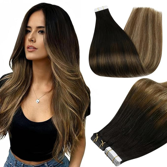 Full Shine Black And Blonde Tape in Hair Extensions Human Hair 14Inch Tape in Extensions Black To Brown Mixed Blonde Tape ins Human Hair Extensions Seamless Skin Weft Straight Remy Hair 50G 20Pcs