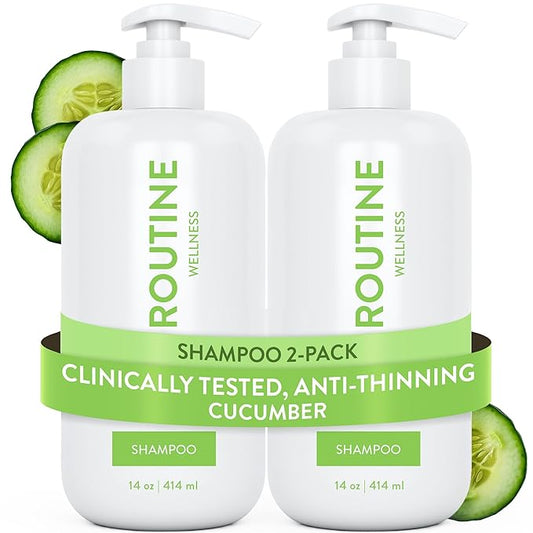 Routine Wellness Anti-Thinning Shampoo for Thinning Hair - Biotin DHT Blocker Women & Men - Color Safe Shampoo for Hair Loss & Healthy Hair - Cucumber (Pack of 2)