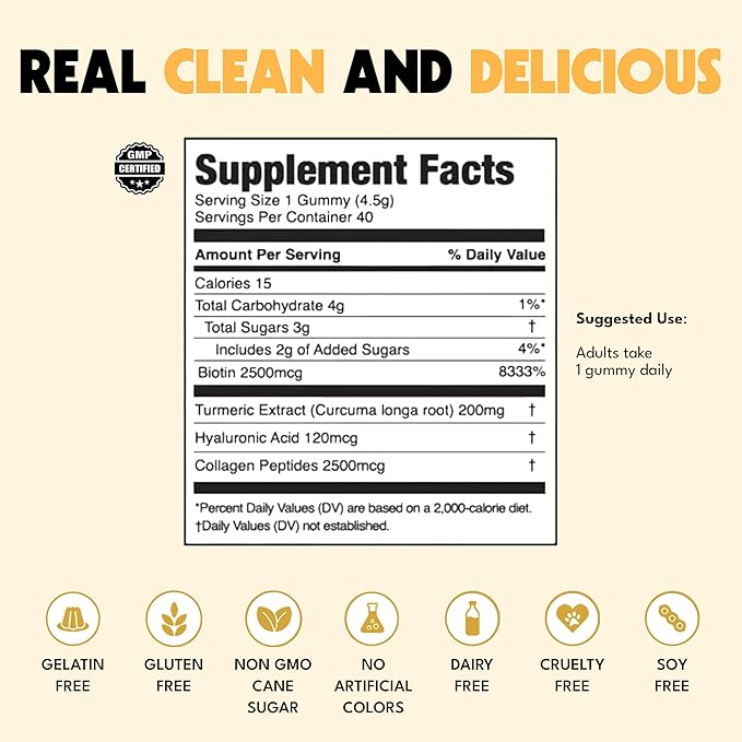 JUGO Beauty + SUPERFOODS Hair, Skin and Nails Collagen Gummies, Hyaluronic Acid and Turmeric Supplement, Cruelty-Free, Gelatin-Free and Gluten-Free Gummy Vitamins, Non-GMO, Made in USA, 40 Count