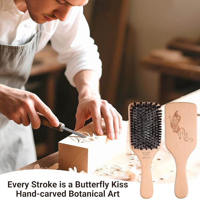 URTHEONE Soft Boar Bristle Hair Brush and Wide Tooth Comb Set | Detangle & Smooth for Ultimate Shine, Frizz Control & Slick Back Styles, Beechwood Base