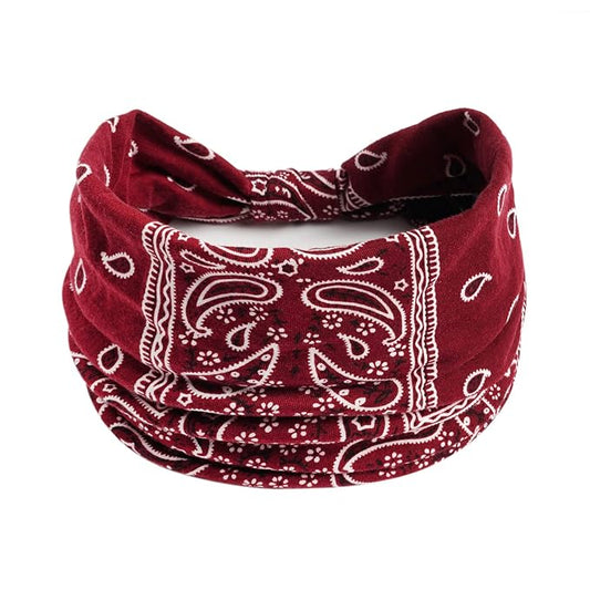 1 Pack Boho Headbands Stretch Paisley Print Bandana Headband Criss Cross Hair Bands Knotted Head Wrap Yoga Daily for Women and Girls (Wine red)