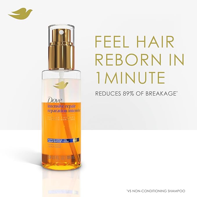 Dove Damage Therapy Intensive Repair with Amino Serum Bi-Phase Serum + Oil Hair Spray for Shine, Frizz Control, and Split Ends 3.9 oz
