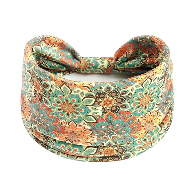 1 Pack Boho Headbands Stretch Paisley Print Bandana Headband Criss Cross Hair Bands Knotted Head Wrap Yoga Daily for Women and Girls (Green)