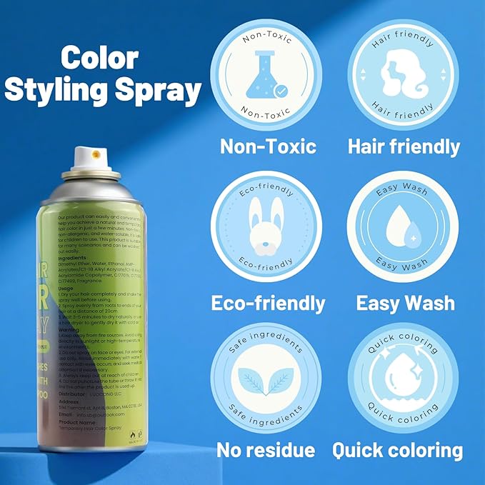 Blue Hair Spray, Temporary Hair Color Spray for Kids Women Men– Safe Non Sticky Washable One Day Hair Dye Spray, Disposable Accessories Included, for Halloween Cosplay Party DIY Costume Pet Fun