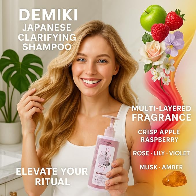 DEMIKI Shampoo for Women,Japanese Shampoo for Oily Hair, Keratin Care,Organic Rose Scent, Pink, Moisturizing, Volumizing Hair Care, Anti Dandruff, Sulfate Free & Paraben Free, 450ml,16oz*2