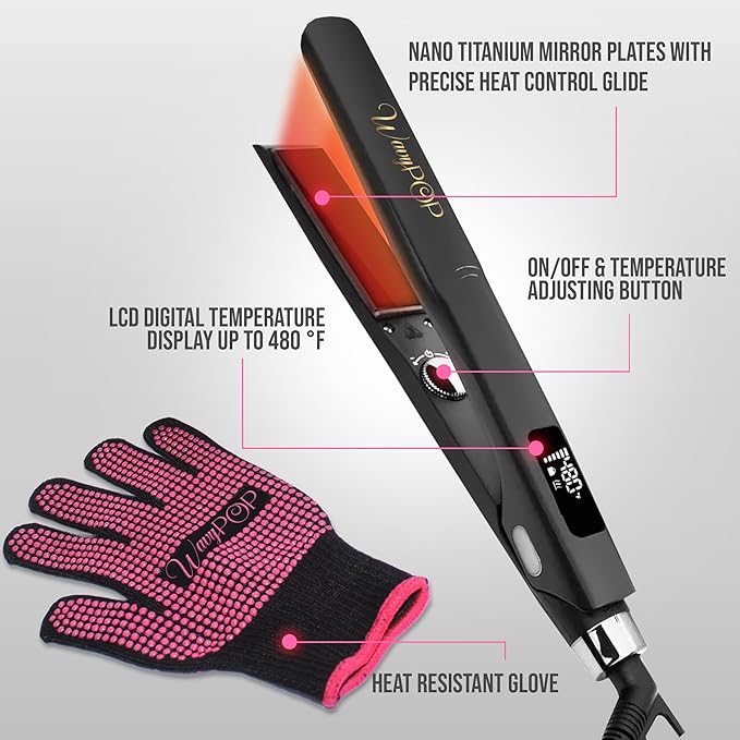 2 in 1 Professional Dual-Voltage Titanium Flat Iron Hair Straightener | up to 480°F | 10s Heat-Up | Straightening Iron & Hair Curling Wand 1.25" with Ceramic MCH Fast Heat, Auto Shut Off