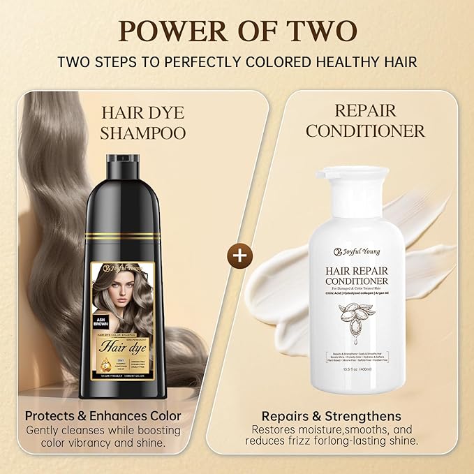 3-in-1 Natural Hair Dye Shampoo & Hair Repair Conditioner Bundle - Gray Coverage & Deep Moisture - Vegan, Sulfate-Free, Color-Safe - Argan Oil, Collagen - 2x400ml (ASH BROWN)