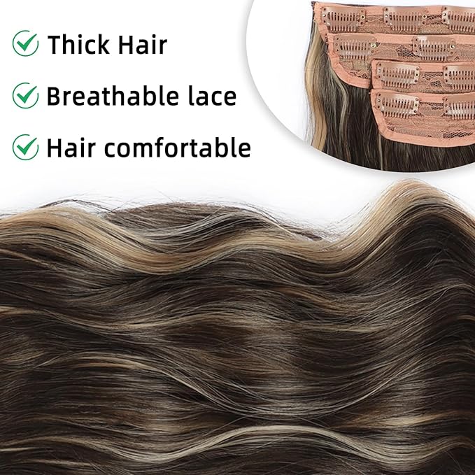 Vigorous Clip in Hair Extensions 20Inch Brown & Blonde Highlights Hair Extension Clip Ins 4Pcs Long Wavy Soft Synthetic Hairpieces for Women Girls Daily Use Event Party Use