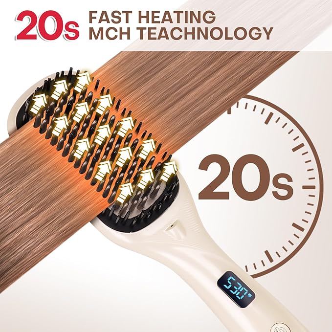 Hair Straightener Brush- Hair straighteners for Women, Ceramic Ionic Straightener Comb with Less Frizz | 20s Fast Heating | 2 in 1 Flat Iron Brush Dual Voltage Travel, Champagne