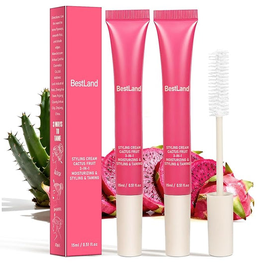 2 Pack Hair Cactus Fruit 3-in-1 Styling Cream & Taming Wand – Smooth Flyaways, Control Frizz & Define Curls | Lightweight Non-Greasy Formula, Precision Brush, Vegan & Citrus Scent Hair Care