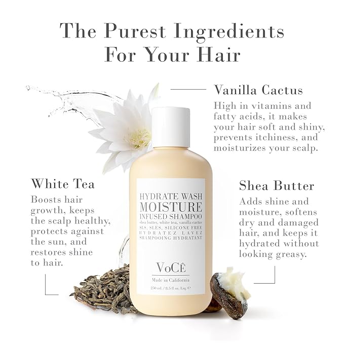 VoCÊ Natural Hydrating Shampoo for Dry, Frizzy Hair | Moisture-Infused Vegan Shampoo for Normal to Thick Hair | Non-Toxic, Cruelty-Free with Shea Butter, White Tea, Vanilla Cactus (8.5 oz | 250 ml)