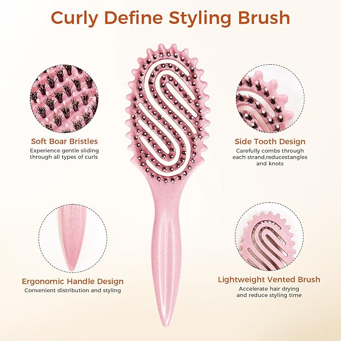 Curly Hair Brush, Curl Defining Brush with Soft Boar Bristles for Combing, Shaping, and Styling Curly Hair Suitable for All Women and Men with Wet & Dry Hair(Pink)