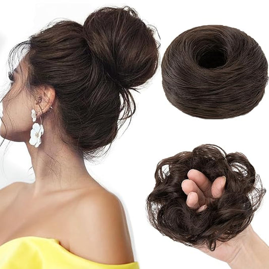 2PCS Small Cute Messy Bun Hair Piece for Thin Hair Women Mini Synthetic Curly Bun Scrunchies Updo Hairpieces Dark Brown