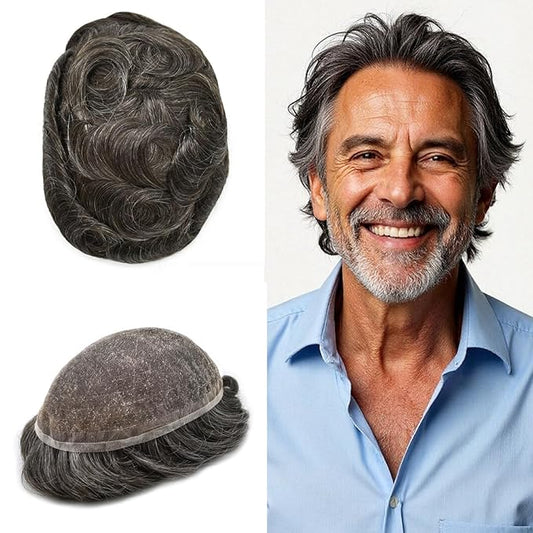 Toupee For Men Real Human Hair System Full Swiss Lace Mens Toupee Lace Hair Piece For Men Hair System Bleached Knots 8x10-90% light density#230 2# DARKEST BROWN+30% GREY