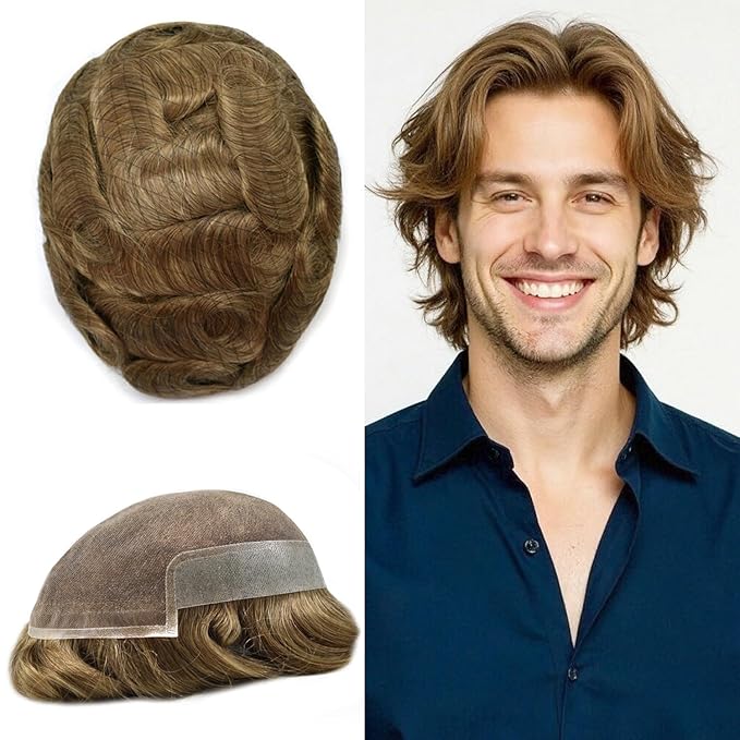 Toupee For Men Real Human Hair System Full Swiss Lace Mens Toupee Lace Hair Piece For Men Hair System Bleached Knots 7x9-80% light density17# DARK ASH BLONDE