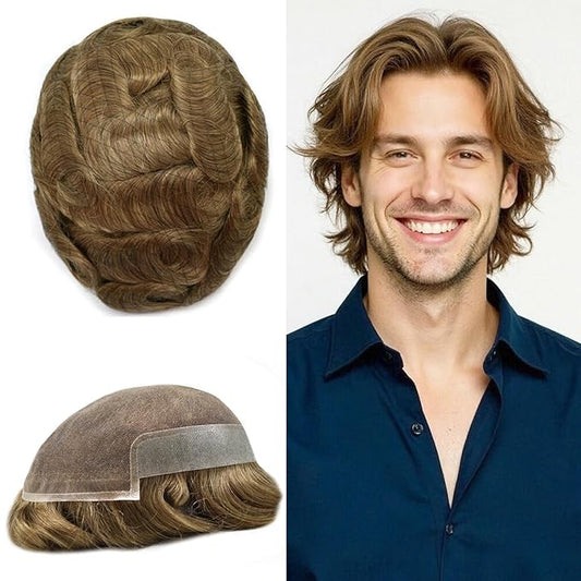 Toupee For Men Real Human Hair System Full Swiss Lace Mens Toupee Lace Hair Piece For Men Hair System Bleached Knots 7x9-80% light density17# DARK ASH BLONDE