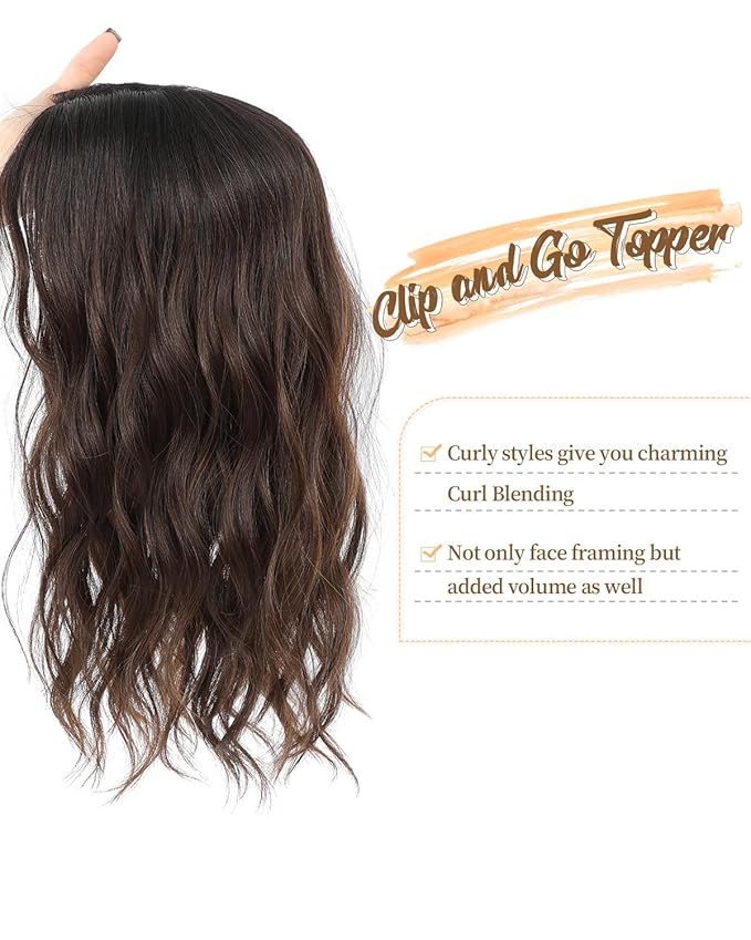 PANEWAY Hair Topper 16 Inch Synthetic Wavy Hair Piece for Women, Clip in Top Hair Extensions, Natural Black Root to Chocolate Brown Ombre Wiglet for Volume & Coverage